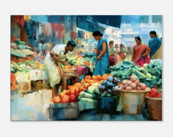 Ladies Shopping at a Chennai Vegetable Market Canvas Print, Wall Art Tamil Nadu Heritage Decor, Ethnic Madras Nostalgia Gift, Ready to Hang