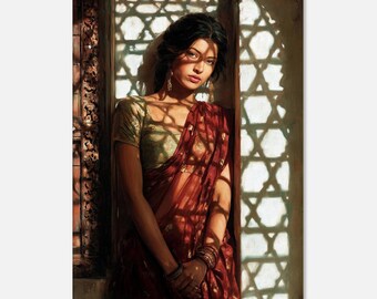 Indian Woman in a Red Sari Sunlit Jali Window Portrait Canvas Print, Ethnic Heritage Decor, Ready to Hang