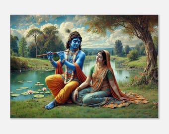 Lord Krishna and Radha Lakeside Garden Canvas Print, Wall Art Home Office Studio Dorm Decor, Indian Hindu Heritage Home Gift, Ready to Hang