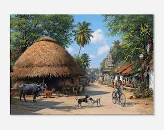 Southern India Small Town Street with Temple Scene Canvas Print, Rural Tamil Nadu Livestock Wall Art Home Studio Room Decor, Ready to Hang