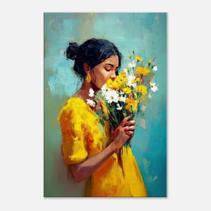 Indian Lady in Yellow With Freshly Picked Flowers Canvas Print, Wall Art Home Office Studio Room Portrait Vertical Decor Gift, Ready to Hang