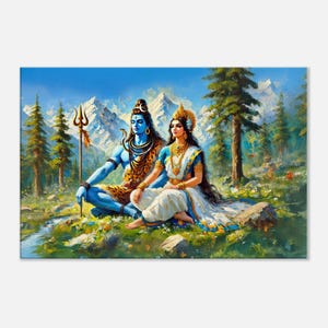 Impresión en lienzo del valle del Himalaya del Señor Shiva y la Diosa Parvati, arte de pared para decoración del hogar, dormitorio, estudio, regalo de herencia hindú de la India, listo para colgar.