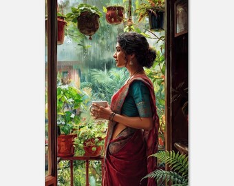 Indian Woman in a Saree Enjoying a Cup of Coffee in a Lush Monsoon Balcony Canvas Print, Wall Art Tall Home Ethnic Decor, Ready to Hang