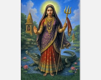 Goddess Khodiyar Mataji and Crocodile Canvas Print, Wall Art