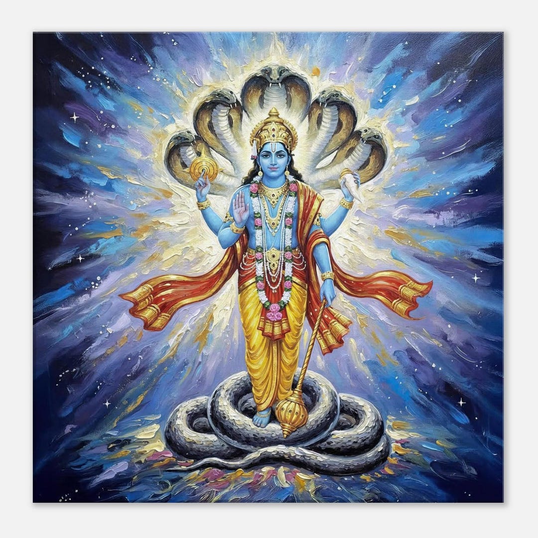 Lord Vishnu and Sheshnag Square Canvas Print, Wall Art Home Temple Room ...
