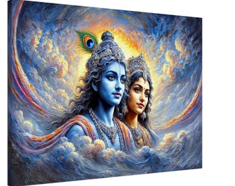 May include: A vibrant canvas print depicting two figures with blue skin and ornate headwear, set against a backdrop of swirling clouds and warm light. One figure has a peacock feather in their hair. The artwork evokes a sense of spirituality and cultural richness.