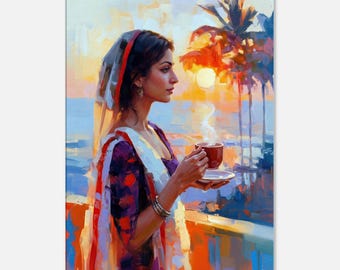 Indian Woman in Traditional Clothing Enjoying the Sunset and a Cup of Tea Canvas Print, Coastal Wall Art Home Studio Decor, Ready to Hang