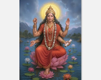 Göttin Bhairavi sitzt auf einem Lotus Leinwanddruck, Wandkunst Home Office Studio Dekor, indisches Hindu Mahavidyas Kulturerbe Geschenk, fertig zum Aufhängen
