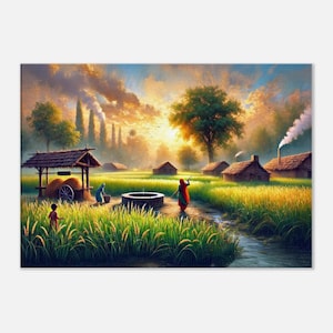 North Indian Village and Farmland Landscape Canvas Print, Wall Art Home Studio Room Dorm Decor Nostalgia Ethnic Heritage Gift, Ready to Hang