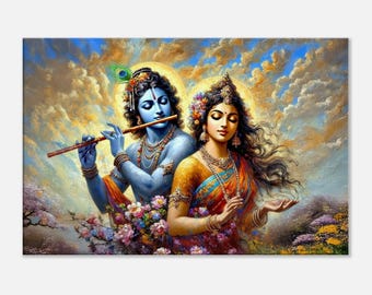 May include: A painting depicting Krishna and Radha, a Hindu deity couple, set against a colourful landscape. Krishna is playing a flute, while Radha gazes at him with a soft expression. The painting is rich in vibrant colours and intricate details.