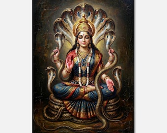 女神マナサ デヴィ  ビンテージ スタイルのインドのヒンドゥー教の