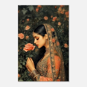 Mughal Era Inspired Portrait of a Royal Woman in a Rose Garden, Canvas Print, Wall Art Home Office Dorm Indian Heritage Decor, Ready to Hang