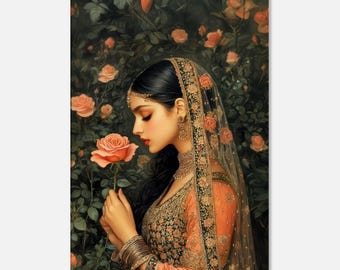 Mogoltijdperk geïnspireerd portret van een koninklijke vrouw in een rozentuin, canvasafdruk, muurkunst thuiskantoor slaapzaal Indiaas erfgoed decor, klaar om op te hangen