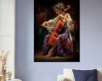 May include: A canvas print of a woman playing a cello. The woman is wearing a white and purple dress and gold heels. The cello is a warm brown color. The background is dark and blurred, with a focus on the musician and instrument.