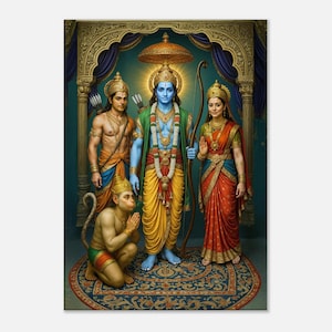 May include: A colourful illustration shows Hindu deities in traditional dress. The central blue-skinned figure holds a bow, with others in elaborate clothing. A kneeling figure with hands clasped is in the foreground, set against a detailed background.
