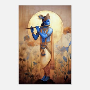 Lord Krishna Under a Golden Moon Canvas Print, Wall Art Home Office Studio Room Vertical Decor, Hindu Indian Heritage Gift, Ready to Hang