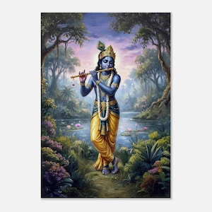 Lord Krishna spelar flöjt i en fridfull skog Canvastavla, indisk hinduisk gåva, väggkonst heminredning i studentrum, redo att hängas
