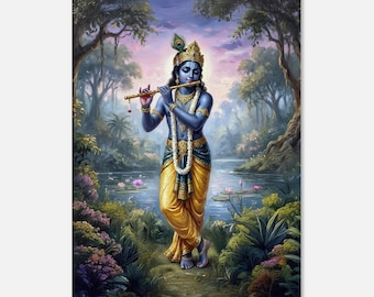 Lord Krishna speelt de fluit in een vredig bos canvas print, Indiaas hindoe erfgoed cadeau, kunst aan de muur Home Studio slaapzaal decor, klaar om op te hangen