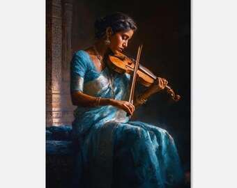 Indian Woman in a Blue Silk Saree Playing a Violin Canvas Print, Wall Art Home Office Studio Office Ethnic Vertical Decor, Ready to Hang