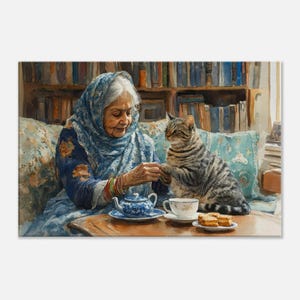 Tea Time for Old Indian Lady with Her Cat, Canvas Print, India Ethnic Heritage Gift, Wall Art Home Office Studio Print Decor, Ready to Hang
