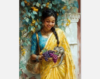 Indian Woman in a Yellow Saree with a Friendly Squirrel Canvas Print, Ethnic Heritage Wall Art Home Office Studio Decor, Ready to Hang