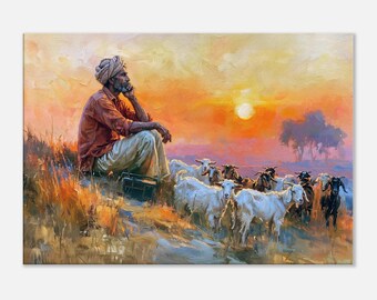 Indian Goatherd Listening to a Transistor Radio and Enjoying the Sunset Canvas Print, Wall Art Ethnic Rustic Life Home Decor, Ready to Hang