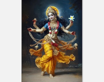 Impresión en lienzo de la diosa Lakshmi bailando, arte de pared para el hogar, oficina, sala de estar, estudio, dormitorio, regalo étnico de herencia india hindú, listo para colgar