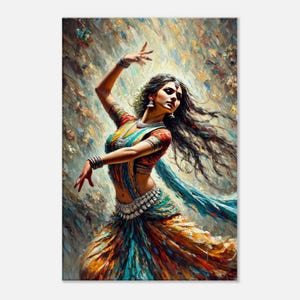 Impresión artística en lienzo de una mujer india bailando, idea de regalo de herencia étnica, bailarina llena de energía y color, decoración de pared para el dormitorio del hogar, lista para colgar