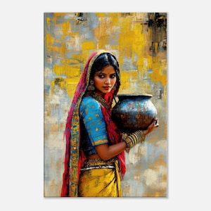 Rural Indian Woman in Traditional Clothing with a Painted Earthen Pot, Canvas Print, Tall Wall Art Home Office Decor, Ethnic Heritage Gift