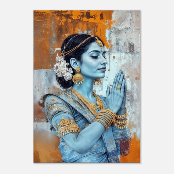 Grace of the Divine: Blue Tone Woman Devotee Canvas Print, Wall