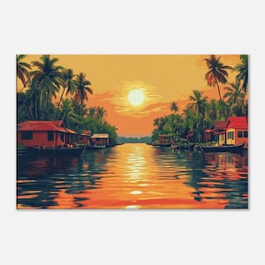 Backwaters of Kerala Sunset Canvas Print, Wall Art Home Office Living Room Decor, Indian Heritage Landscape Scenic Gift, Ready to Hang Art