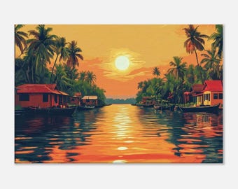 Backwaters of Kerala Sunset Leinwand, Wandkunst Home Office Wohnzimmer Dekor, indische Erblandschaft Malerisches Geschenk, fertig zum Aufhängen