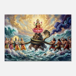 May include: An artistic depiction of a religious scene. A deity sits atop a lotus flower on a rocky island, surrounded by figures pulling on a serpent. The scene is set amidst turbulent waves and a cloudy sky, with vibrant colors.