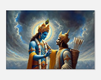Lord Krishna Instructs the Bhagavad Gita to Arjuna, Canvas Print, Wall Art Home Office Decor, Hindu Indian Heritage Gift, Ready to Hang Art