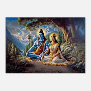 Lord Shiva and Goddess Parvati Mountain Forest Canvas Print, Wall Art Home Temple Studio Decor, India Hindu Heritage Gift, Ready to Hang Art