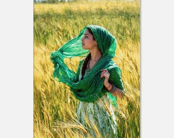 Woman in Green Dupatta within Punjab Wheat Fields Canvas Print, Rural India Harvest Scene, Wall Art Home Office Ethnic Heritage Decor Poster