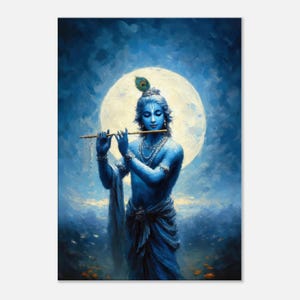 Krishna in the Moonlight Canvas Art Print, Home Office Wall Decor, Indian Hindu Heritage Housewarming Gift, God Portrait, Ready to Hang Art