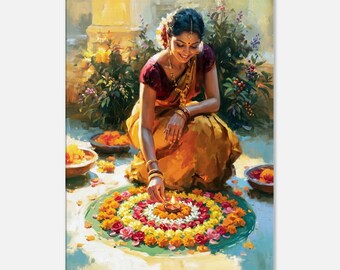 Indian Woman in a Traditional Saree Creating a Festive Flower Rangoli Canvas Print, Wall Art Ethnic Heritage Home Studio Tall Decor Poster