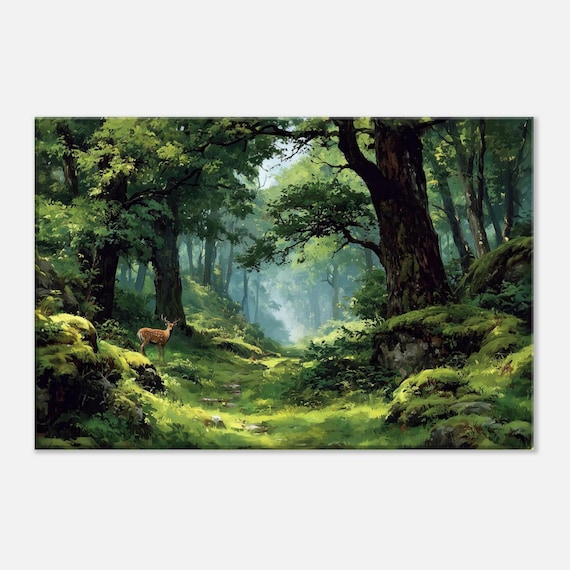 Green Peaceful Indian Forest With a Lone Spotted Deer Canvas Print