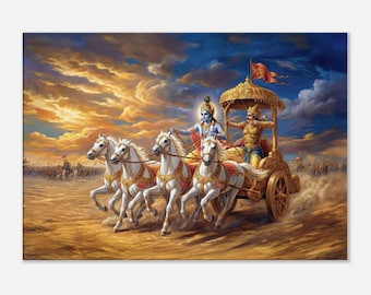 Lord Krishna and Arjuna in a Chariot at the Kurukshetra Battle Canvas Print, Wall Art Decor, Mahabharata Hindu Gita Heritage, Ready to Hang