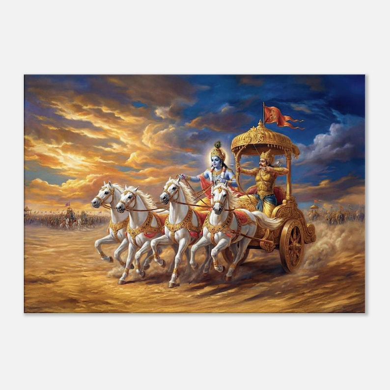 Lord Krishna and Arjuna in a Chariot at the Kurukshetra Battle Canvas Print, Wall Art Decor, Mahabharata Hindu Gita Heritage, Ready to Hang image 1