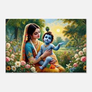 Yashoda med baby Lord Krishna kanvastavla, väggkonst hemmakontor barnrumsdekor, hinduisk indisk gåva mor barn, redo att hängas upp