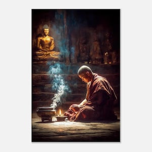 Sacred Silence: Buddhist Monk in Meditation with a Golden Buddha Canvas Print, Wall Art Home Studio Dorm Decor, Heritage Gift, Ready to Hang