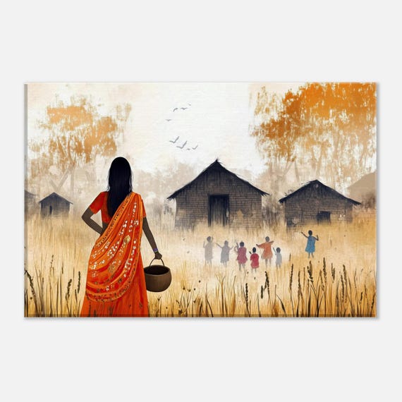 Rustic Village Scene From Rural India Canvas Print, Red and Orange