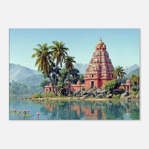 Peaceful Remote Southern Indian Temple Landscape Canvas Print, Wall Art Home Studio Office Decor Hindu Ethnic Heritage Gift, Ready to Hang