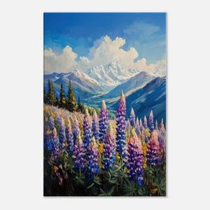 Kashmir Valley Lupine Wildflowers with Blue Skies, Canvas Print, Himalayan Wall Art Home Office Landscape India Decor Gift, Ready to Hang