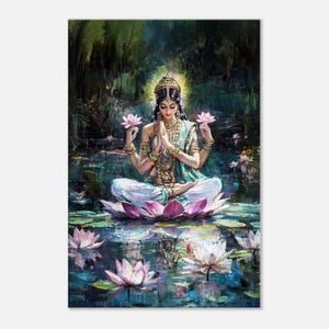 Goddess Lakshmi on a Lotus Canvas Print, Vertical Wall Art Home Office Studio Living Room Decor, Hindu Indian Heritage Gift, Ready to Hang