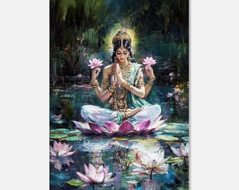 Impresión en lienzo de la diosa Lakshmi sobre un loto, arte de pared vertical, decoración para el hogar, la oficina, el estudio y la sala de estar, regalo de herencia india hindú, listo para colgar.