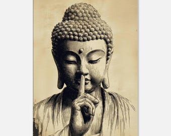 Buddha Silence Shhh Finger Canvas Print, Zen Wall Art Meditation Decor, Minimalist Spiritual Wall Decor, Vintage Etching, Ready to Hang