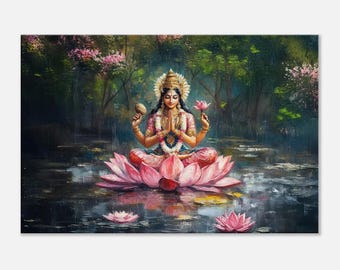 Diosa Lakshmi, postura de meditación en el bosque pacífico, impresión en lienzo, regalo espiritual étnico hindú, arte de pared, decoración para estudio de casa, dormitorio, listo para colgar